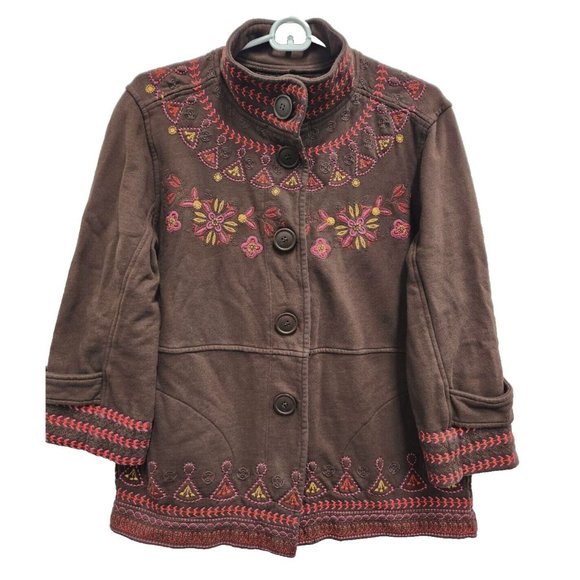 Johnny Was Jackets & Blazers - Johnny Was Womens BOHO Embroidered Jacket Size Medium Brown Cotton Button Front